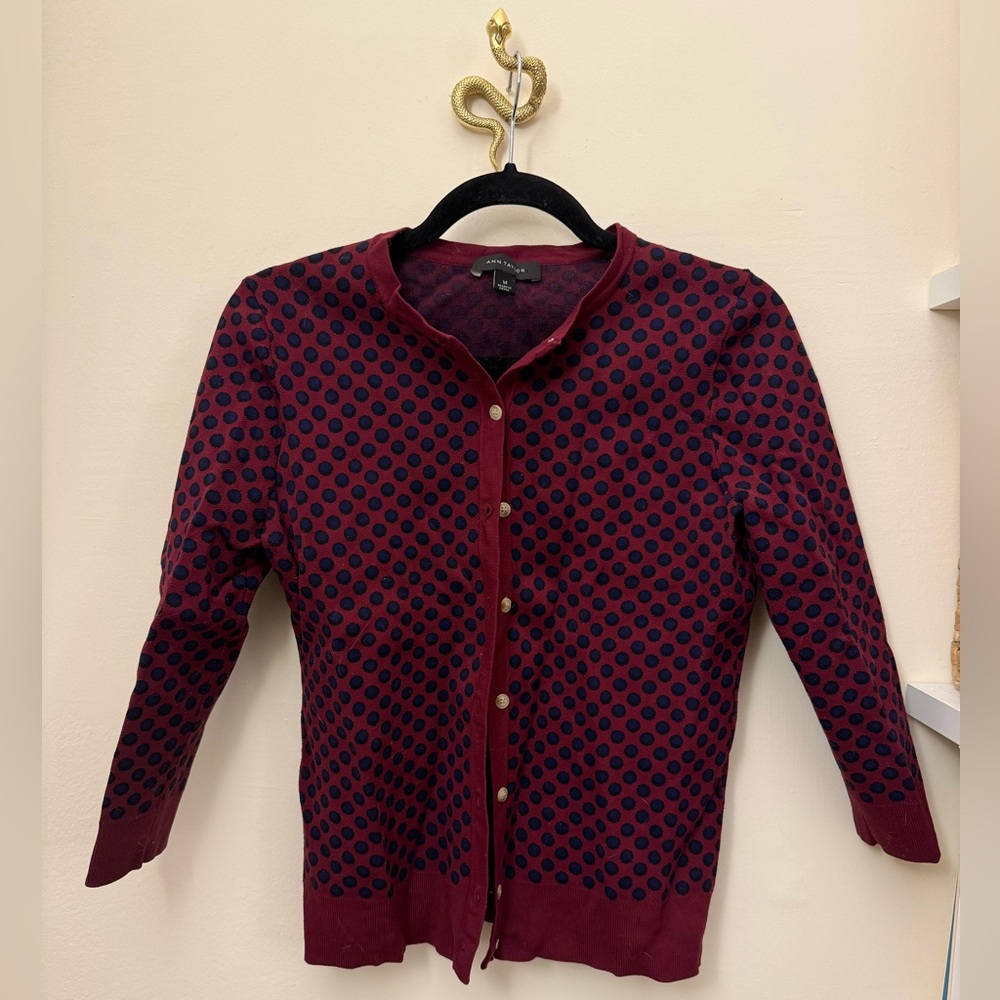 Ann Taylor Burgundy Polka Dot Cardigan